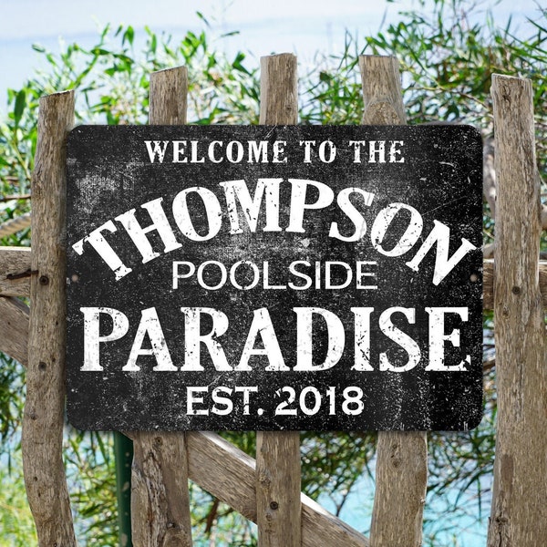 Poolside Paradise Backyard Swimming Pool Patio Sign Custom Personalized Name Decoration For House Aluminum Tin Metal  Indoor Outdoor