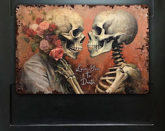 Valentines Day Decor - Romantic Floral Skeleton Couple - Metal Skull Art Sign Decoration - For Indoor Outdoor Use - Cottagecore Gothic