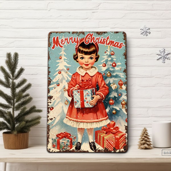 Retro Christmas Wall Art Mid Century Cartoon Style Greeting Card Metal Sign Decoration Modern Decor Indoor Outdoor Door Porch Kitsch Holiday