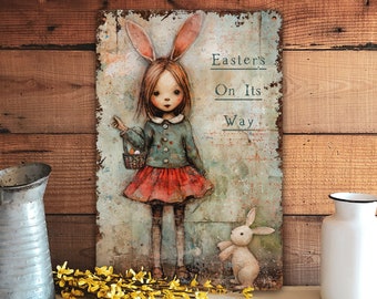 Easter Art Sign - Primitive Metal Mantle Decoration - Rustic Farmhouse Cottage Core Decor - Indoor Outdoor Door Porch - Easter's On Its Way