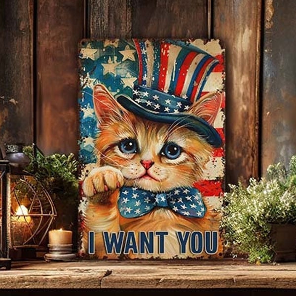 4th Of July Americana Mantle Decor Metal Sign Rustic Whimsical Independence Day Decoration - Indoor Outdoor Yard Porch - Uncle Sam Cat