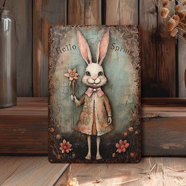 Primitive Easter Decor - Rustic Bunny Metal Art Sign Mantle Decoration - Indoor Outdoor Door Porch - Anthropomorphic Rabbit - Hello Spring