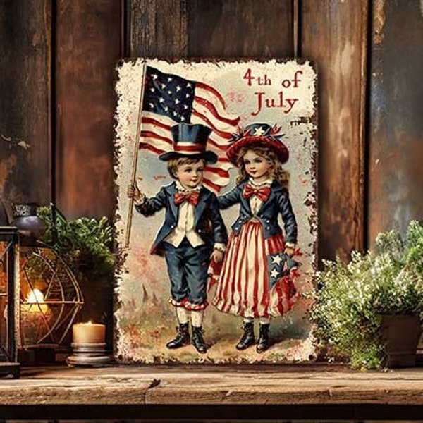 July 4th Decor - Vintage Card Art Sign -  Independence Day Mantle Decoration  - Victorian Boy and Girl With American Flag