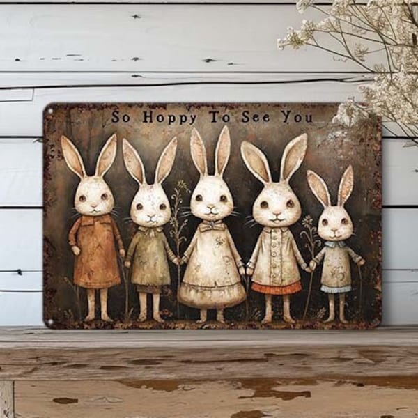 Primitive Rustic Easter Bunny Decor - Metal Art Sign Mantle Decoration - Indoor Outdoor Door Porch - Hoppy To See You