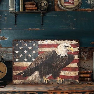 4th Of July Americana Mantle Decor Metal Sign Rustic Independence Day Decoration - Indoor Outdoor Yard Porch - Landscape Eagle American Flag