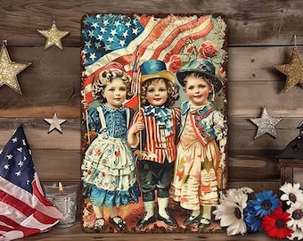 Primitive 4th Of July Decor - Vintage Victorian Patriotic Americana Sign - Independence Day Mantle Decoration  - Outdoor Safe - 3 Kid Parade