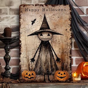 Primitive Halloween Decor Metal Sign Decoration Antique Rustic Distressed Porch Outdoor Safe Cottagecore  - Cute Creepy Witch With Pumpkins