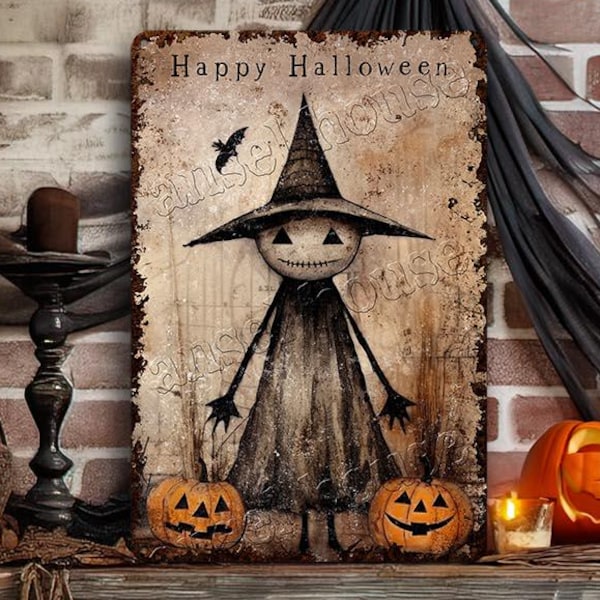 Primitive Halloween Decor Metal Sign Decoration Antique Rustic Distressed Porch Outdoor Safe Cottagecore  - Cute Creepy Witch With Pumpkins