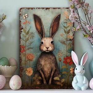 Primitive Easter Decor - Rustic Folkart Bunny Metal Art Sign Mantle Decoration - Indoor Outdoor Door Porch - Flower Rabbit