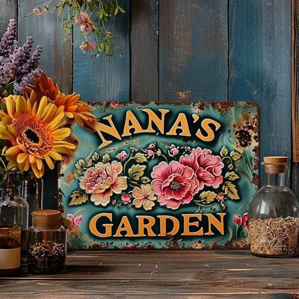 Metal Yard Sign For Outdoor Use - Gift For Mother's Day - Grandmother Birthday - Rustic Decor Rusted Vintage Flowers - Nana's Garden
