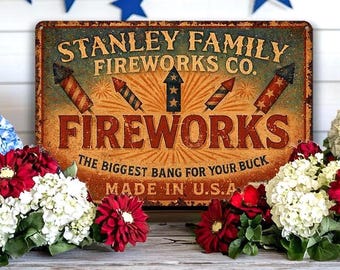 May include: A patriotic display featuring a vintage "Stanley Family Fireworks Co." sign, surrounded by red, white, and blue flowers. Blue star cutouts adorn the white shiplap wall. Two wooden lanterns flank the sign.