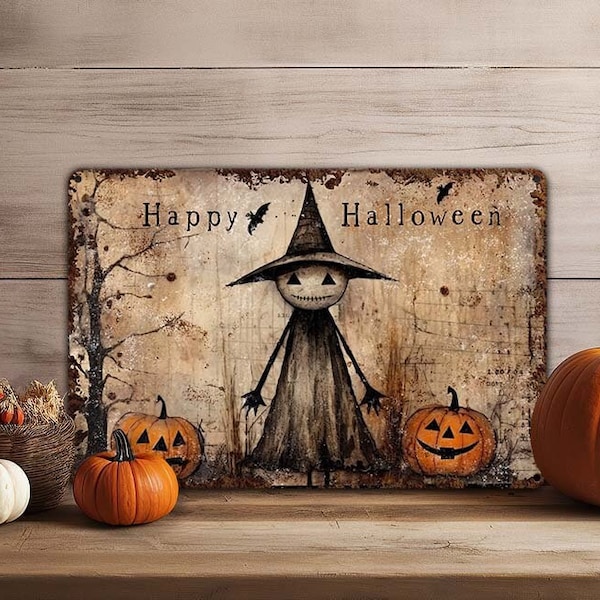 Primitive Halloween Decor Metal Sign Decoration Antique Rustic Distressed Porch Outdoor Safe Cottagecore  - Cute Creepy Witch With Pumpkins