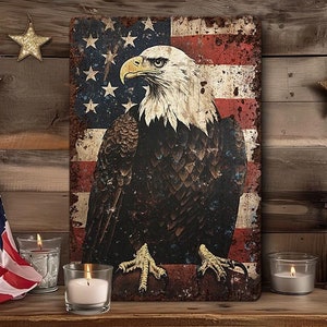 Patriotic 4th Of July Decor - Rustic Americana Mantle Decor Metal Sign Decoration - Indoor Outdoor Yard Porch - Vertical Eagle American Flag
