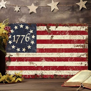 Primitive Fourth of July Decor - Betsy Ross 13 Star 1776 American Flag Sign - Independence Day Patriotic Colonial Decoration - Outdoor Porch
