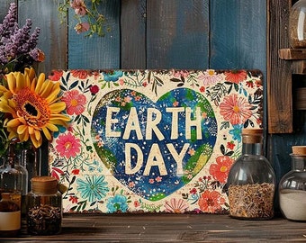 Earth Day Decor - Mantle Door Decoration Metal Art Sign - Safe Indoor Outdoor Use - Planet Earth Heart Flowers