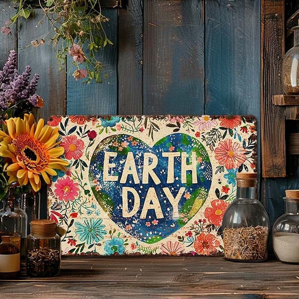 Earth Day Decor - Mantle Door Decoration Metal Art Sign - Safe Indoor Outdoor Use - Planet Earth Heart Flowers