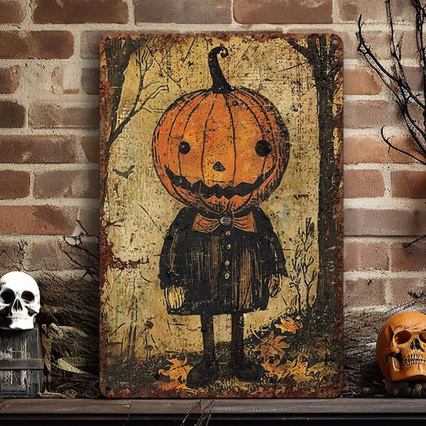 Primitive Pumpkinhead Halloween Decor Metal Art Sign Mantle Decoration Antique Rustic Outdoor Safe Cottagecore  - Bow Tie Pumpkin Head