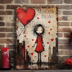 Primitive Whimsical Folk Art Metal Valentines Day Wall Art Mantle Sign Decoration Farmhouse Cottagecore Decor for Indoor Outdoor Door Porch