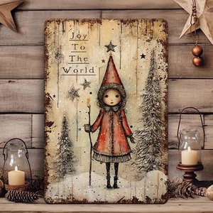 Primitive Rustic Metal Christmas Wall Art Mantle Sign Decoration Farmhouse Cottage Core Decor for Indoor Outdoor Door Porch - Joy To World
