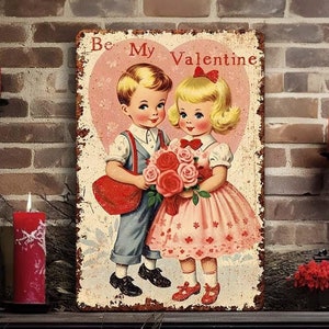 Valentines Day Decor - Vintage Retro Style Metal Wall Art Sign - Primitive Rustic Style Cute Decoration Indoor or Outdoor Use