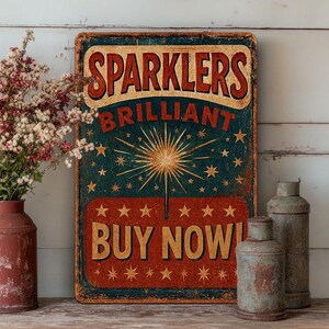 K&ouml;nnte beinhalten: Ein Schild im Vintage-Stil in den Farben Rot, Wei&szlig; und Blau, das f&uuml;r "Sparkler's Brilliant Buy Now!" mit einer Feuerwerks-Illustration wirbt. Das Schild ist auf einem rustikalen Holztisch mit zwei Vintage-Metallbeh&auml;ltern ausgestellt.