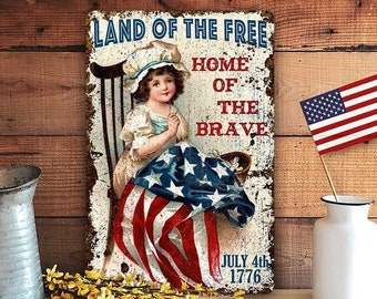 Printed Metal Vintage July 4th Card Sign Independence Day Decoration Industrial Victorian Decor Outdoor Aluminum - Cute Betsy Ross Sews Flag