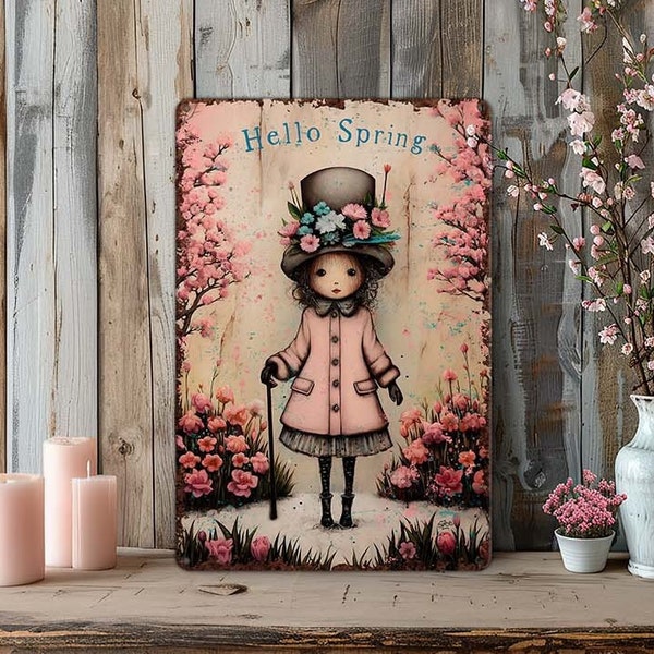 Spring Mantle Decor - Cute Whimsical Girl Metal Art Sign Decoration - Indoor Outdoor Safe - Hello Spring