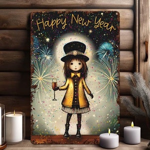 New Years Eve Decor Cute Whimsical Girl Metal Wall Art Sign - Primitive Rustic Mantle Decoration - Indoor or Outdoor Use - HAPPY NEW YEAR