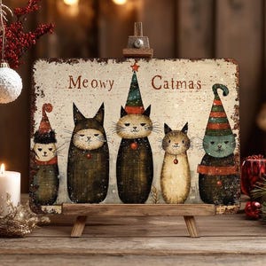 Primitive Christmas Cats Wall Art Meowy Catmas Metal Sign Decoration Modern Farmhouse Cottage Core Decor Indoor Outdoor Door Porch