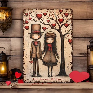Valentines Day Decor - Whimsical Couple Metal Wall Art Sign - Primitive Rustic Decoration - Indoor or Outdoor Use - Season Love