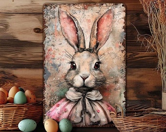 Easter Decor - Primitive Rustic Victorian Bunny Metal Art Sign Mantle Decoration - Indoor Outdoor Door Porch - Anthropomorphic Girl Rabbit