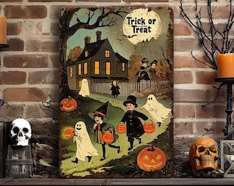 Primitive Rustic Halloween Decor - Metal Sign Decoration - Antique Distressed Rusted Outdoor Safe - Front Door Patio - Trick or Treat Kids