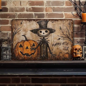Primitive Halloween Decor Metal Sign Decoration Antique Rustic Porch Outdoor Safe Cottagecore  - Cute Creepy Pumpkin Patch Scarecrow