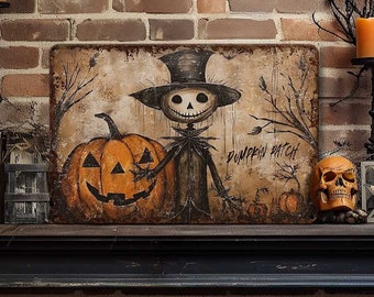 Primitive Halloween Decor Metal Sign Decoration Antique Rustic Porch Outdoor Safe Cottagecore  - Cute Creepy Pumpkin Patch Scarecrow