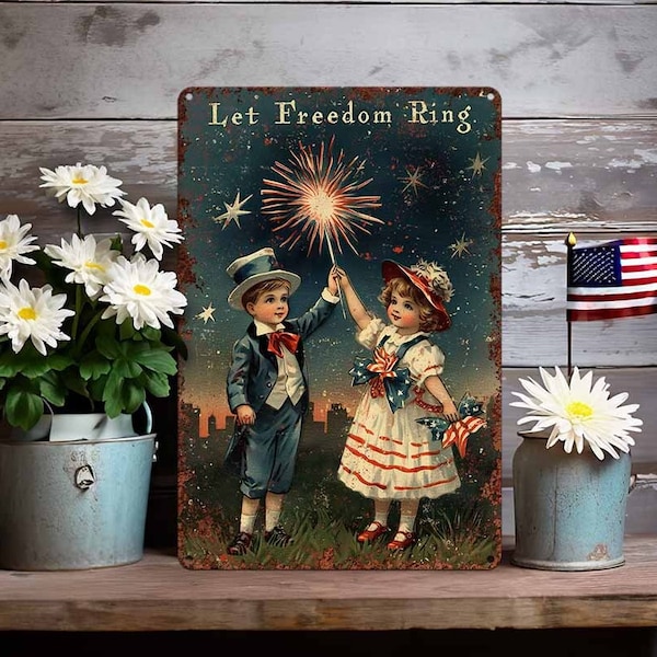 Primitive Victorian July 4th Decor - Vintage Postcard Art Sign -  Independence Day Mantle Decoration - Indoor Outdoor - Let Freedom Ring