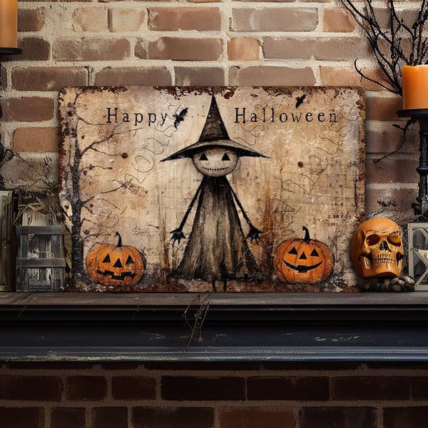 Primitive Halloween Decor Metal Sign Decoration Antique Rustic Distressed Porch Outdoor Safe Cottagecore  - Cute Creepy Witch With Pumpkins