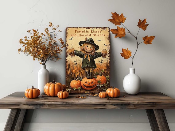 Cute Primitive Scarecrow Pumpkin Patch Victorian Fall Decor - Mantle Art Rustic Metal Sign for Indoor or Outdoor Use Porch Door Decoration