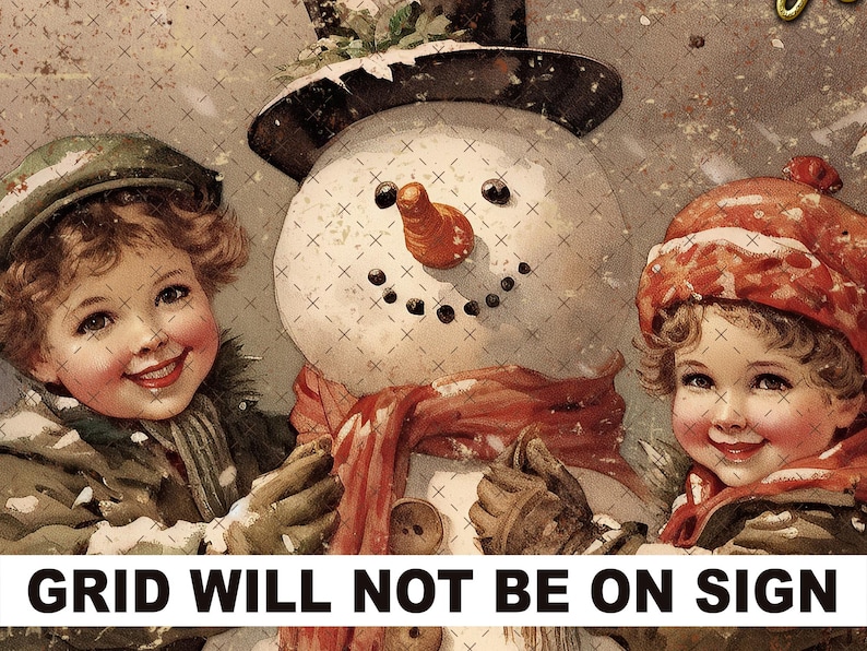 May include: A vintage Christmas illustration featuring a snowman with a red scarf and two children. The children are wearing winter clothing and smiling. The snowman has a carrot nose and black eyes.