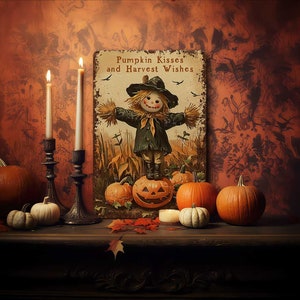 May include: A Halloween-themed still life featuring pumpkins, candles, and a sign that reads "Pumpkin Kisses and Harvest Wishes." The scene includes a scarecrow illustration, lit candles in ornate holders, and various gourds.