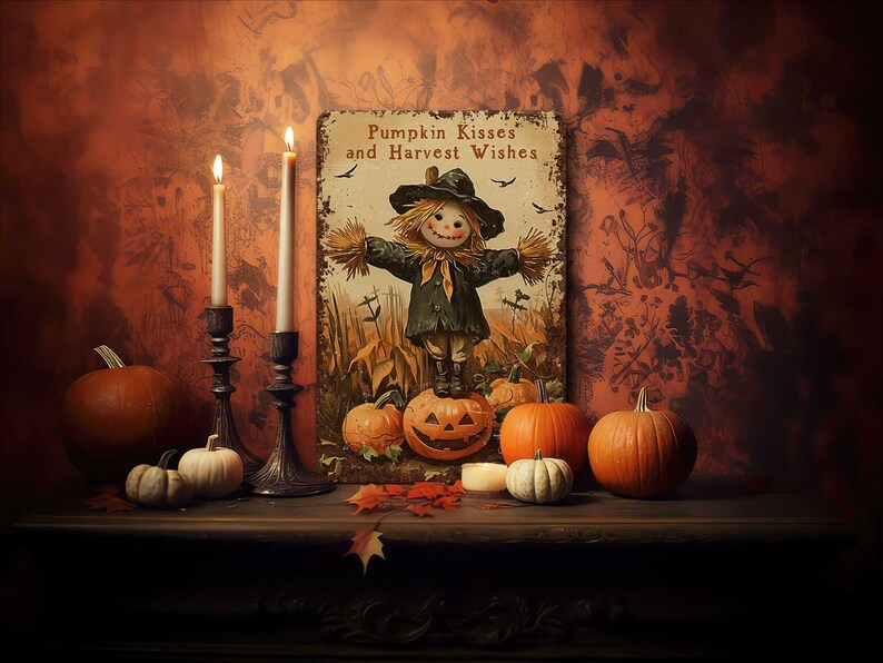 May include: A Halloween-themed still life featuring pumpkins, candles, and a sign that reads "Pumpkin Kisses and Harvest Wishes." The scene includes a scarecrow illustration, lit candles in ornate holders, and various gourds.