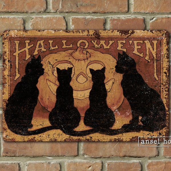 Primitive Halloween Decor Metal Sign Decoration Antique Rustic Distressed Rusted Outdoor Door Aluminum - 4 Black Cats with Pumpkin