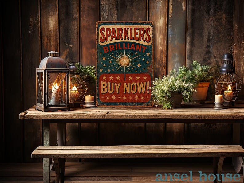K&ouml;nnte beinhalten: Ein Vintage-Schild aus Metall in den Farben Rot, Wei&szlig; und Blau. Das Schild tr&auml;gt die Aufschrift "Sparkler Brilliant Buy Now!" mit einer Feuerwerksgrafik in der Mitte. Das Schild wird auf einem rustikalen Holztisch mit Laternen und Pflanzen pr&auml;sentiert.