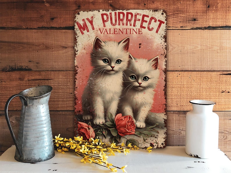 Valentines Day Cat Gift Vintage Kittens Retro Style Metal Wall Art Decor Sign Primitive Rustic Cute Decoration Indoor or Outdoor Use image 9