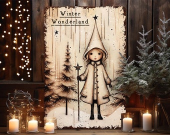 May include: A vintage-style illustration of a girl in a white coat and hat standing in a snowy forest. The text "Winter Wonderland" is written at the top of the image.