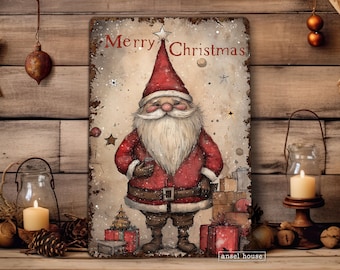 May include: A vintage-style Christmas sign featuring a cartoon Santa Claus holding a glass of red liquid. The sign has a distressed, rustic look and says "Merry Christmas" in red lettering.