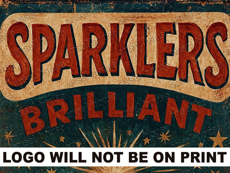 K&ouml;nnte beinhalten: Ein Schild im Vintage-Stil mit rotem Text, der "Sparkler Brilliant" auf einem blauen Hintergrund mit einem goldenen Sternenstrahl-Design lautet. Der Text ist in einer fetten, dekorativen Schriftart.