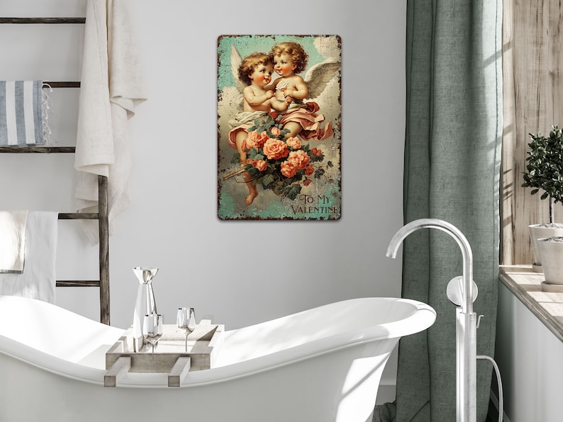 May include: Vintage Valentine's Day sign featuring two cherubs with wings holding a bouquet of pink roses. The sign has a distressed, rusty metal look and reads "To My Valentine".