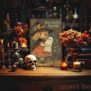 May include: A vintage-style Halloween scene with a sign that reads "Just a Little Spooky" featuring a girl in a witch hat holding a ghost. The scene includes candles, skulls, and a bouquet of orange roses, creating a spooky atmosphere.