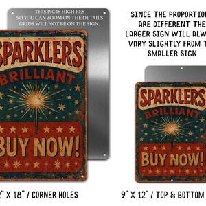 K&ouml;nnte beinhalten: Ein Vintage-Metall-Schild in Rot, Wei&szlig; und Blau. Das Schild zeigt eine Grafik von Feuerwerksk&ouml;rpern und den Text "Sparklers Brilliant Buy Now!" Das Schild ist in zwei Gr&ouml;&szlig;en erh&auml;ltlich: 12 Zoll mal 18 Zoll mit Eckl&ouml;chern oder 9 Zoll mal 12 Zoll mit oberen und unteren L&ouml;chern.