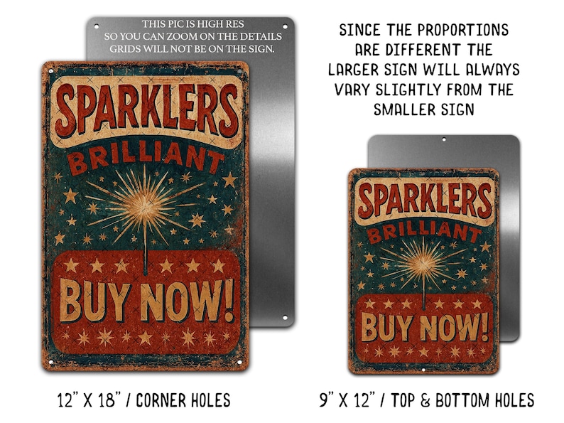 K&ouml;nnte beinhalten: Ein Vintage-Metall-Schild in Rot, Wei&szlig; und Blau. Das Schild zeigt eine Grafik von Feuerwerksk&ouml;rpern und den Text "Sparklers Brilliant Buy Now!" Das Schild ist in zwei Gr&ouml;&szlig;en erh&auml;ltlich: 12 Zoll mal 18 Zoll mit Eckl&ouml;chern oder 9 Zoll mal 12 Zoll mit oberen und unteren L&ouml;chern.